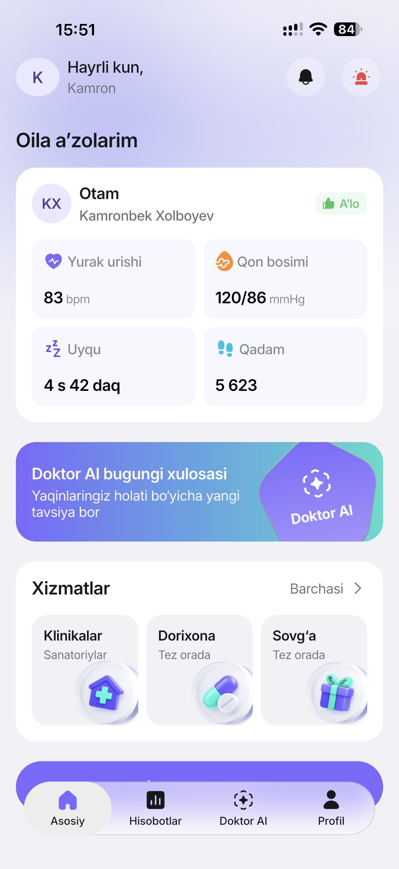 Oilam ilovasida ota-onaning qon bosimi, yurak urishi, uyqusi va qadamlari